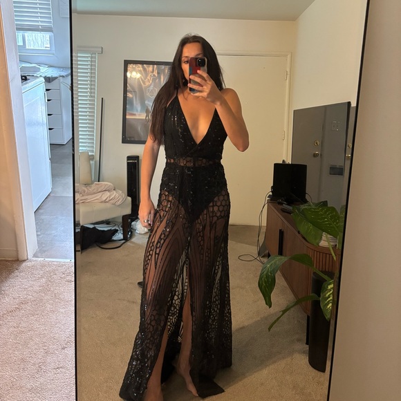 Black V Neck Sequin Gown - Picture 1 of 5